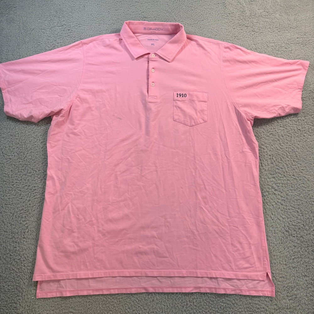 B. Draddy Mens XL Pink Pima Cotton Stretch Polo Shirt 1910 Pocket Golf Short Slv